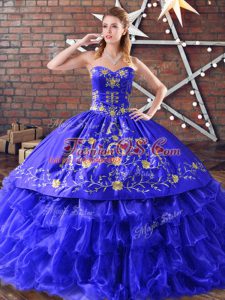 Eye-catching Royal Blue Sweetheart Lace Up Embroidery and Ruffled Layers Sweet 16 Dress Sleeveless