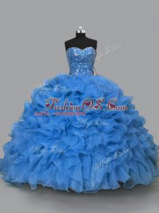 Custom Fit Sweetheart Sleeveless 15th Birthday Dress Floor Length Beading and Ruffles Blue Organza