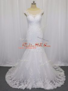 White Bridal Gown Wedding Party with Lace Scoop Sleeveless Brush Train Clasp Handle