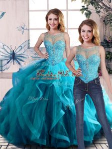 Tulle Scoop Sleeveless Lace Up Beading and Ruffles Quinceanera Gowns in Aqua Blue