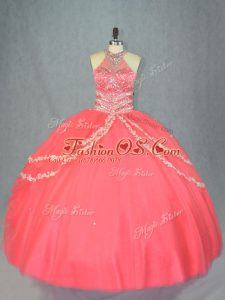 Comfortable Floor Length Lace Up Sweet 16 Dress Watermelon Red for Sweet 16 and Quinceanera with Beading and Ruffles