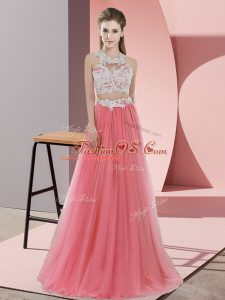Halter Top Sleeveless Dama Dress Floor Length Lace Watermelon Red Tulle