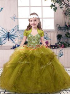 Olive Green Straps Lace Up Beading and Ruffles Little Girl Pageant Gowns Sleeveless