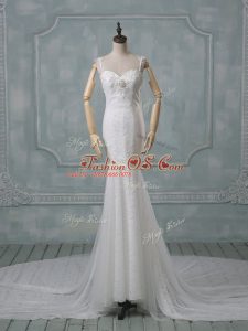 Lace Spaghetti Straps Sleeveless Court Train Backless Beading and Lace Wedding Gown in White