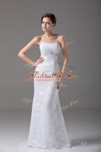 Sumptuous Sleeveless Beading and Lace and Belt Zipper Wedding Gowns with White Brush Train
