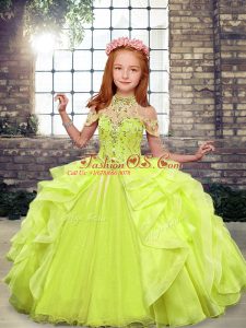 Yellow Green Sleeveless Organza Lace Up Little Girls Pageant Dress for Party and Wedding Party
