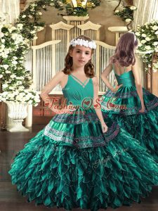 Sleeveless Floor Length Appliques and Ruffles Zipper Custom Made Pageant Dress with Turquoise