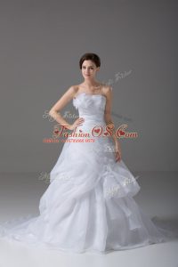 White Lace Up Wedding Dresses Pick Ups and Hand Made Flower Sleeveless Brush Train