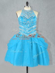 Aqua Blue Dress for Prom Prom and Party with Beading Halter Top Sleeveless Lace Up