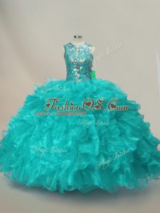 Adorable Floor Length Lace Up Quince Ball Gowns Aqua Blue for Sweet 16 and Quinceanera with Beading and Ruffles