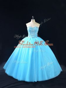 Nice Baby Blue Sleeveless Floor Length Beading Lace Up Sweet 16 Dress