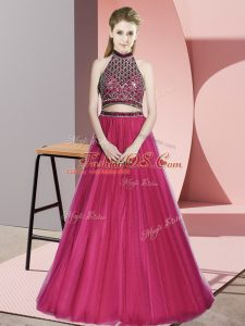 Hot Pink Tulle Backless Halter Top Sleeveless Prom Gown Beading