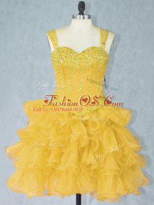Stunning Gold Prom Dresses Prom and Party with Beading and Ruffled Layers Straps Sleeveless Lace Up