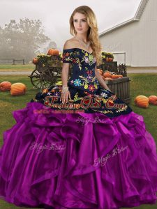 Great Off The Shoulder Sleeveless Lace Up Quinceanera Dress Black And Purple Organza