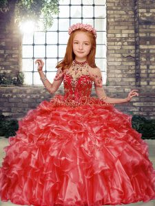 Top Selling Red Girls Pageant Dresses Party and Wedding Party with Beading and Ruffles High-neck Sleeveless Lace Up