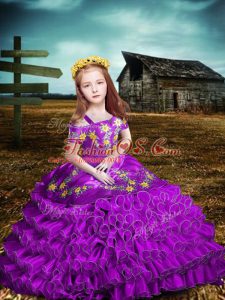 Top Selling Purple Lace Up Child Pageant Dress Embroidery and Ruffled Layers Short Sleeves Floor Length