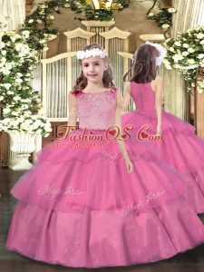 Sleeveless Organza Floor Length Zipper Little Girl Pageant Gowns in Pink with Beading and Ruffled Layers
