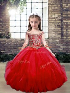 Red Ball Gowns Tulle Off The Shoulder Sleeveless Beading Floor Length Lace Up Child Pageant Dress