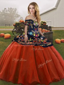 Beautiful Floor Length Lace Up 15th Birthday Dress Rust Red for Military Ball and Sweet 16 and Quinceanera with Embroidery