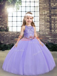 Wonderful Sleeveless Tulle Floor Length Lace Up Little Girl Pageant Dress in Lavender with Beading