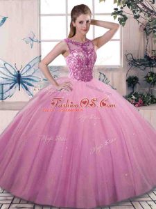 Modest Tulle Scoop Sleeveless Lace Up Beading Quinceanera Gowns in Rose Pink