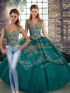 Suitable Teal Straps Neckline Beading and Embroidery Sweet 16 Quinceanera Dress Sleeveless Lace Up