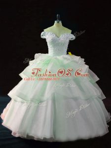 Sleeveless Organza Brush Train Lace Up Quinceanera Dress in Apple Green with Beading and Ruffled Layers