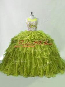 Olive Green Two Pieces Scoop Sleeveless Organza Brush Train Zipper Beading and Ruffles Sweet 16 Quinceanera Dress