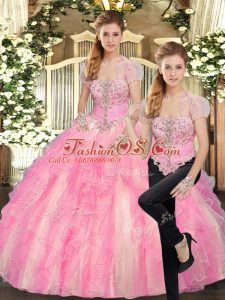 Floor Length Lace Up Quince Ball Gowns Baby Pink for Sweet 16 and Quinceanera with Beading and Ruffles