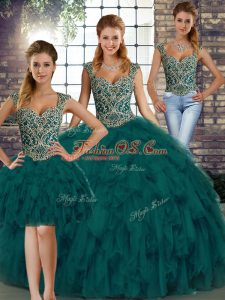 Comfortable Beading and Ruffles 15 Quinceanera Dress Peacock Green Lace Up Sleeveless Floor Length