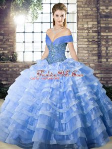 Blue Sweet 16 Dresses Organza Brush Train Sleeveless Beading and Ruffled Layers