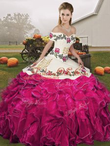 Enchanting Floor Length Fuchsia Vestidos de Quinceanera Off The Shoulder Sleeveless Lace Up