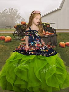 Floor Length Olive Green Child Pageant Dress Organza Sleeveless Embroidery and Ruffles