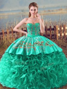 Turquoise Sweetheart Lace Up Embroidery and Ruffles Quinceanera Dress Brush Train Sleeveless
