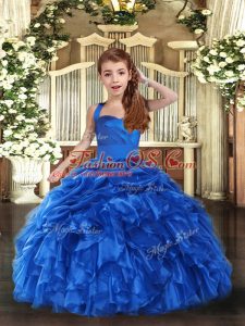 Royal Blue Straps Neckline Ruffles Little Girls Pageant Dress Sleeveless Lace Up