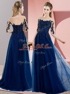 Navy Blue Half Sleeves Chiffon Lace Up Wedding Guest Dresses for Wedding Party