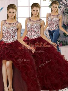 Graceful Floor Length Burgundy 15 Quinceanera Dress Organza Sleeveless Beading and Ruffles