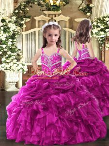 Sweet Fuchsia Ball Gowns Beading and Ruffles Little Girl Pageant Gowns Lace Up Organza Sleeveless Floor Length