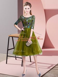 Knee Length Empire Half Sleeves Olive Green Bridesmaid Dress Lace Up