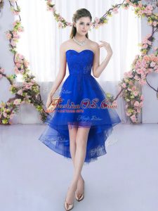 Luxury Royal Blue A-line Sweetheart Sleeveless Tulle High Low Lace Up Lace Quinceanera Dama Dress