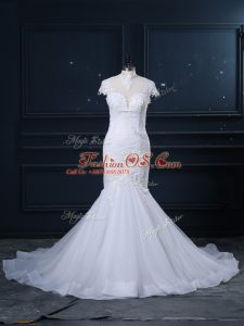 Classical White Mermaid Lace Wedding Dress Clasp Handle Tulle Cap Sleeves