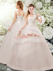Nice Sleeveless Beading and Lace and Hand Made Flower Lace Up Wedding Dress