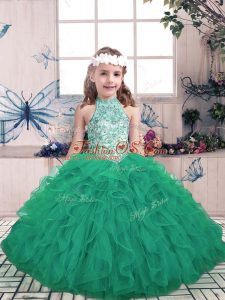 Dazzling Green Tulle Lace Up High-neck Sleeveless Floor Length Pageant Dress for Teens Beading and Ruffles