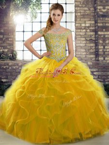 Tulle Sleeveless Sweet 16 Dress Brush Train and Beading and Ruffles