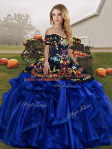 Blue And Black Sleeveless Embroidery and Ruffles Floor Length Quinceanera Gowns