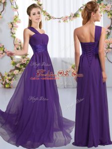 Stylish Purple One Shoulder Lace Up Ruching Bridesmaid Dresses Sleeveless