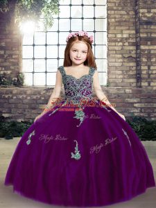 Purple Sleeveless Floor Length Appliques Lace Up Little Girls Pageant Dress Wholesale