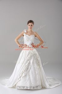 White A-line Spaghetti Straps Sleeveless Taffeta Brush Train Lace Up Lace and Embroidery and Hand Made Flower Bridal Gown