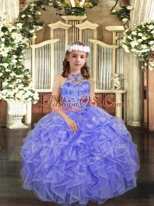 Enchanting Floor Length Lavender Little Girl Pageant Gowns Halter Top Sleeveless Lace Up