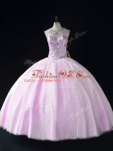 Tulle Scoop Sleeveless Lace Up Beading Quince Ball Gowns in Lilac
